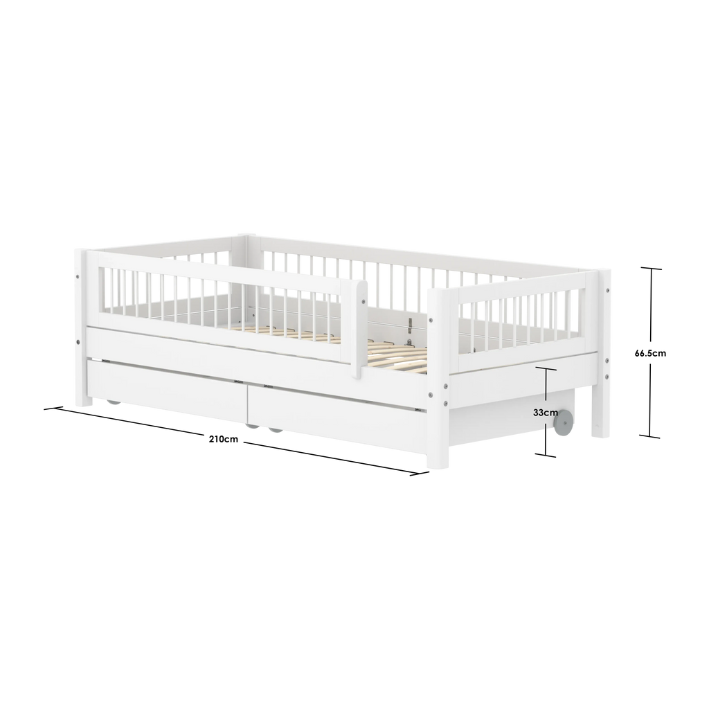 Lit simple avec sommier à lattes, rangement et barrière de sécurité, 90x200 cm, blanc
