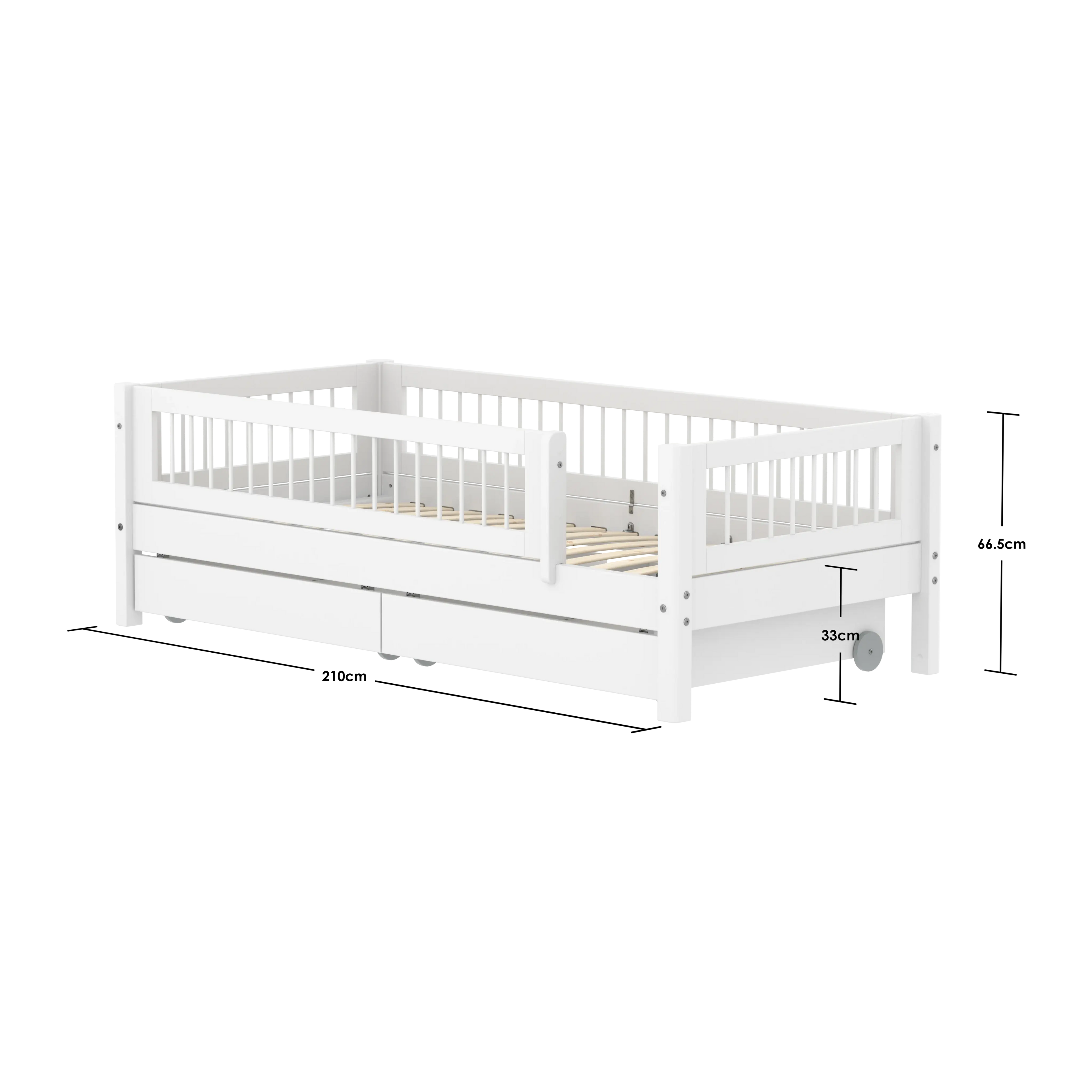 Lit simple avec sommier à lattes, rangement et barrière de sécurité, 90x200 cm, blanc