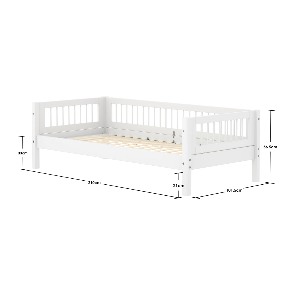 Lit simple avec barreaux et barrière de sécurité, 90x200 cm, Blanc