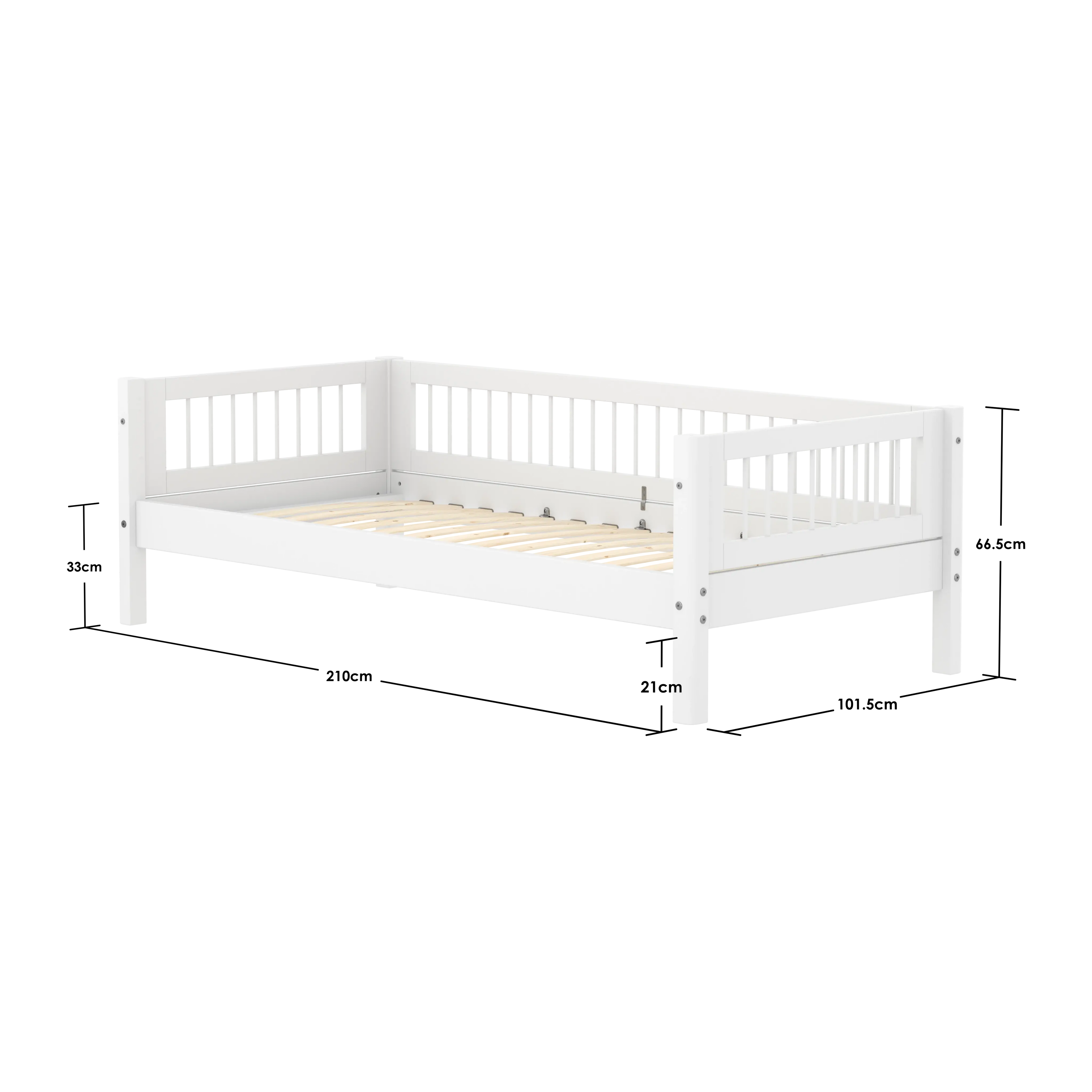 Lit simple avec barreaux et barrière de sécurité, 90x200 cm, Blanc