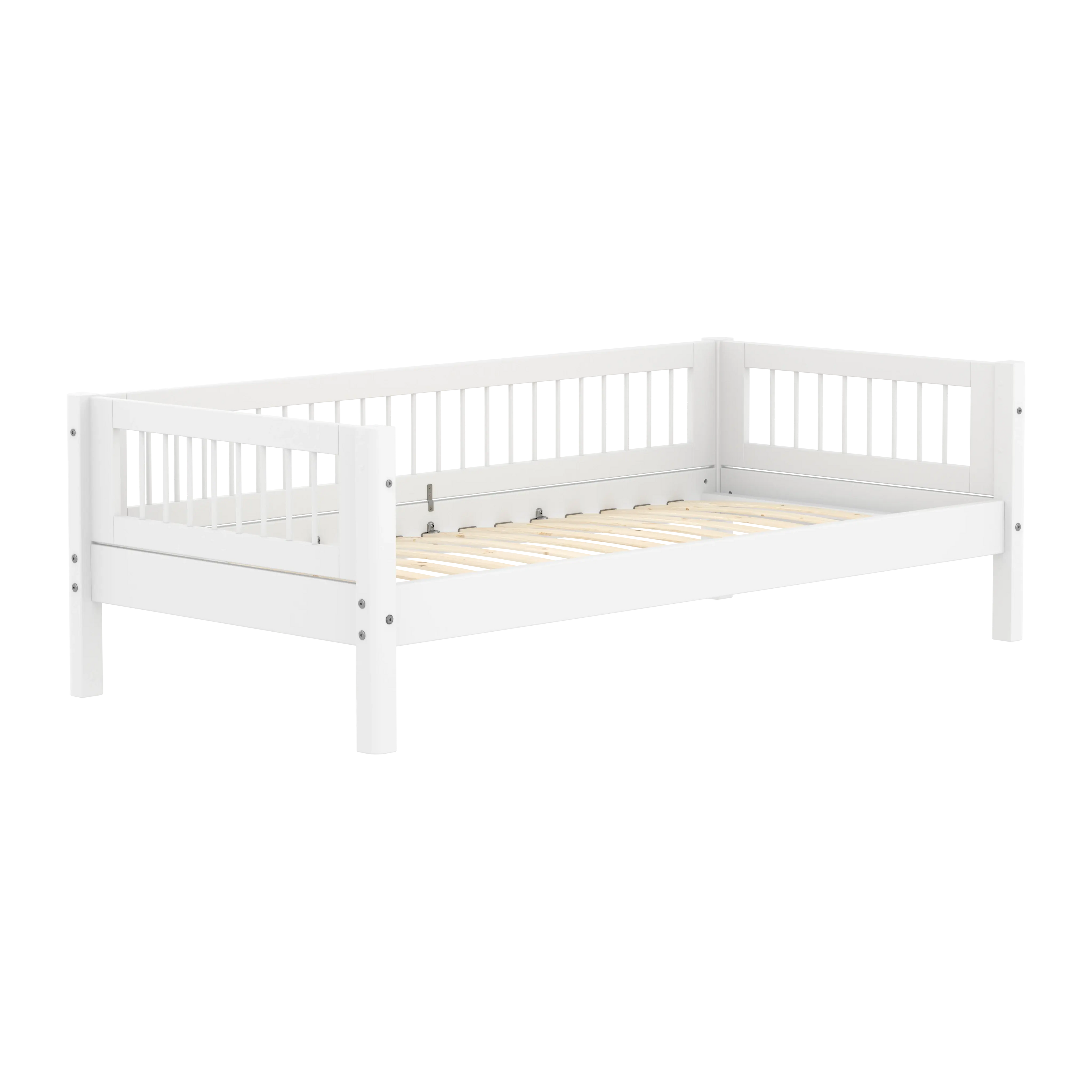 Lit simple avec barreaux et barrière de sécurité, 90x200 cm, Blanc