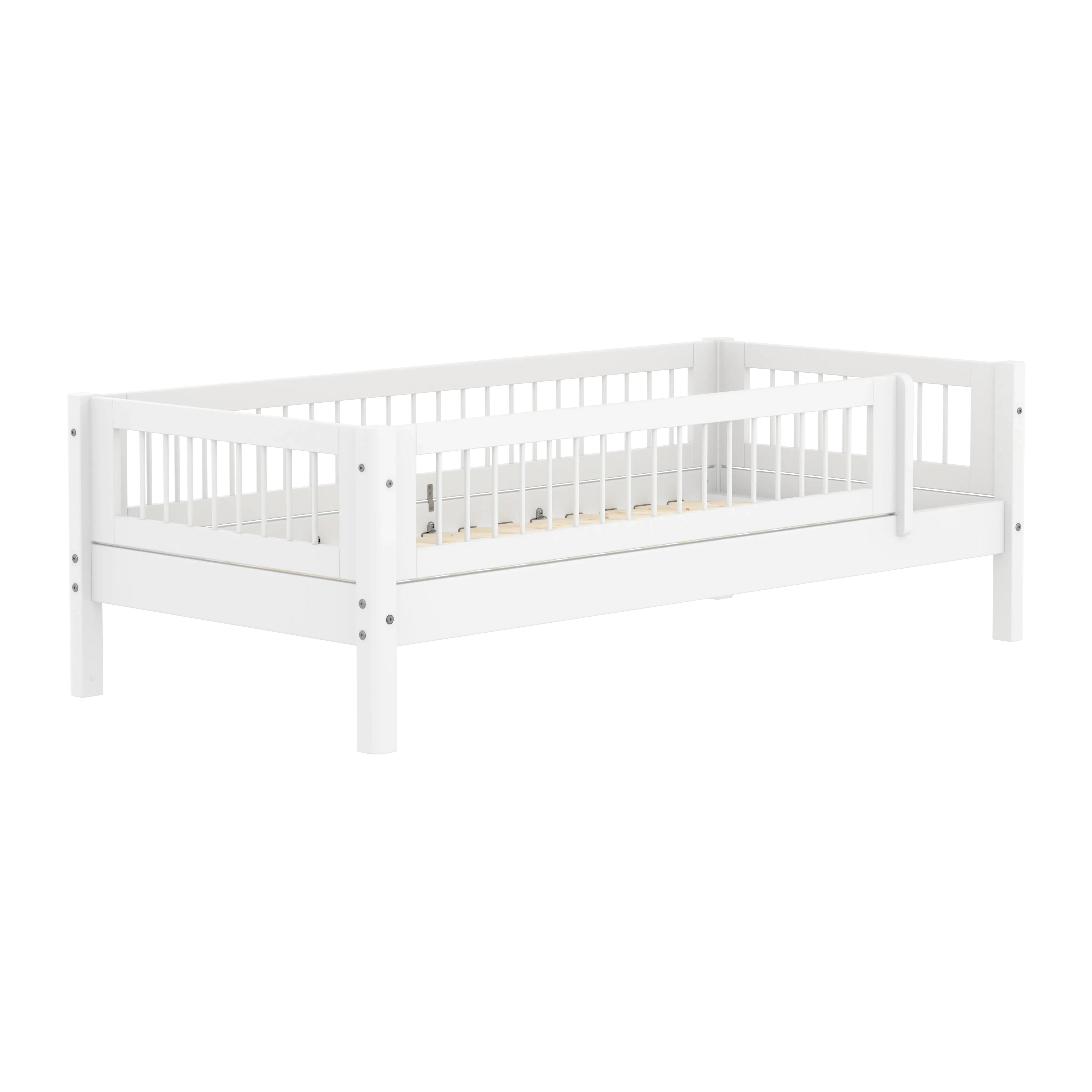 Lit simple avec cadre à lattes et barrière de sécurité, 90x200 cm, Blanc