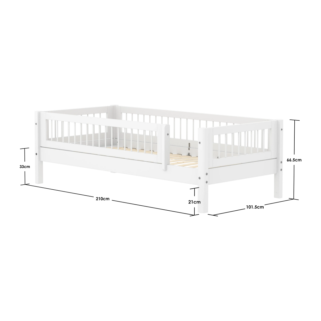 Lit simple avec cadre à lattes et barrière de sécurité, 90x200 cm, Blanc