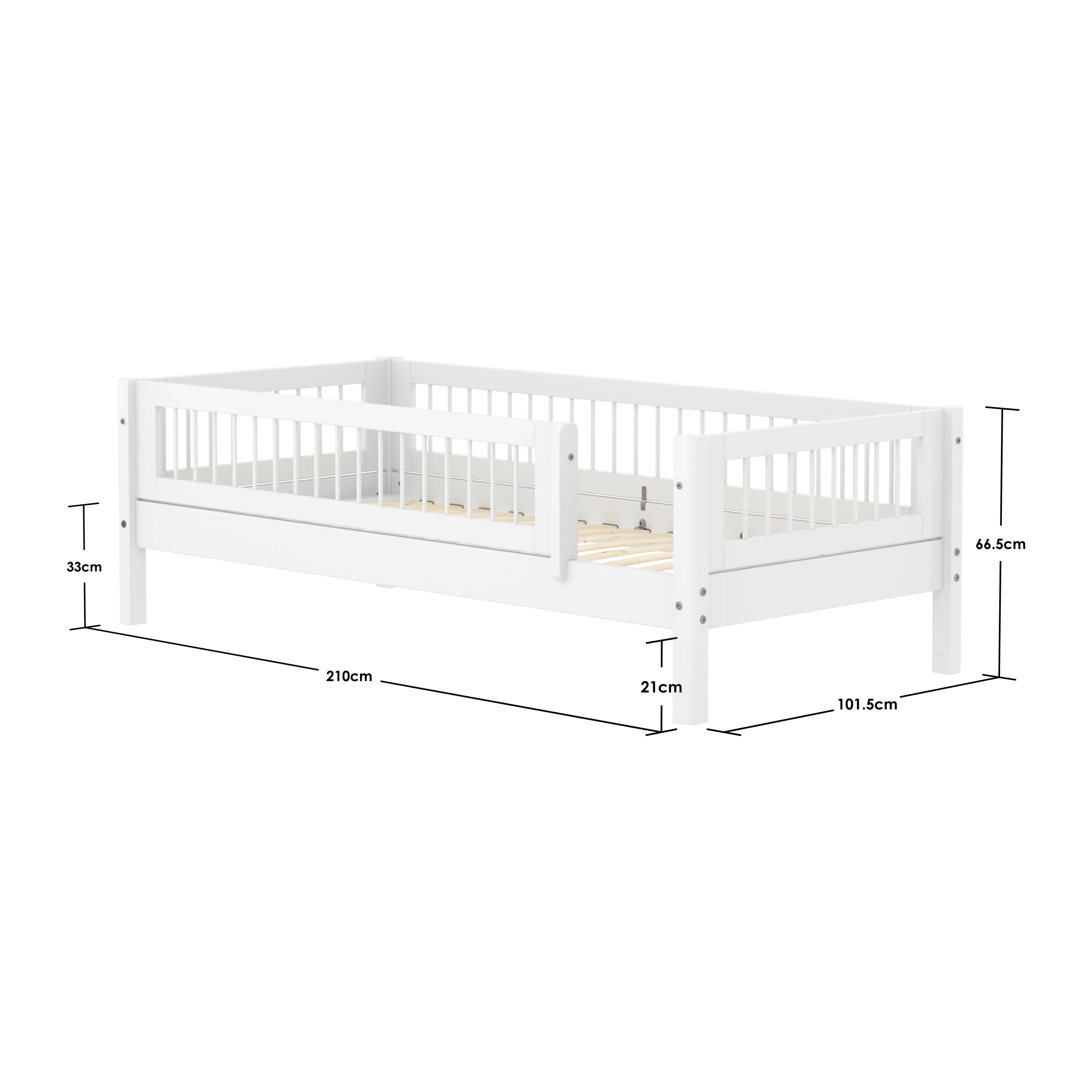 Lit simple avec cadre à lattes et barrière de sécurité, 90x200 cm, Blanc
