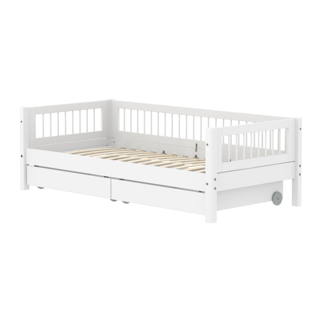 Lit simple avec sommier à lattes et rangement, 90x200 cm, blanc