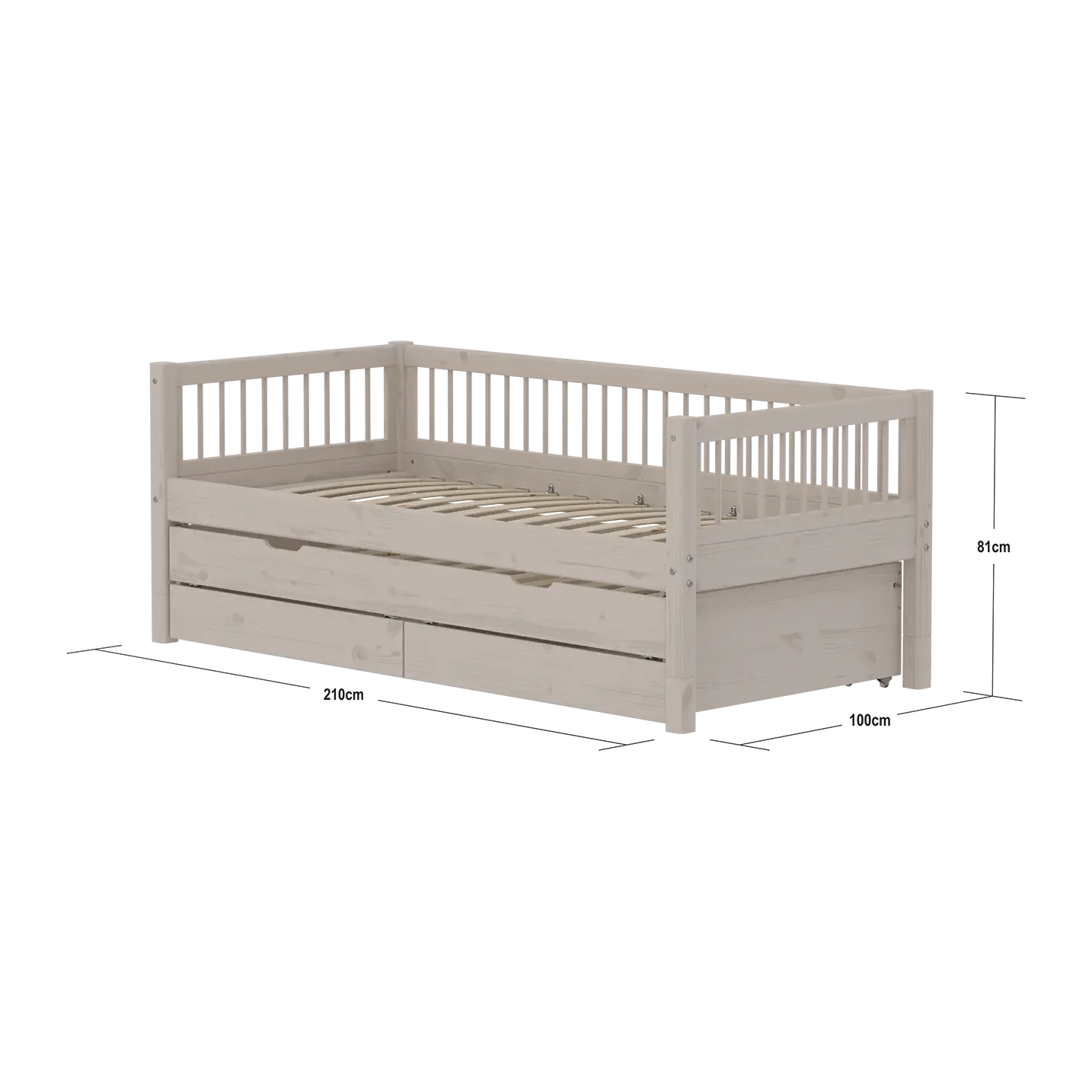 Lit simple avec lit d'appoint, rangement, 90x200 cm, gris
