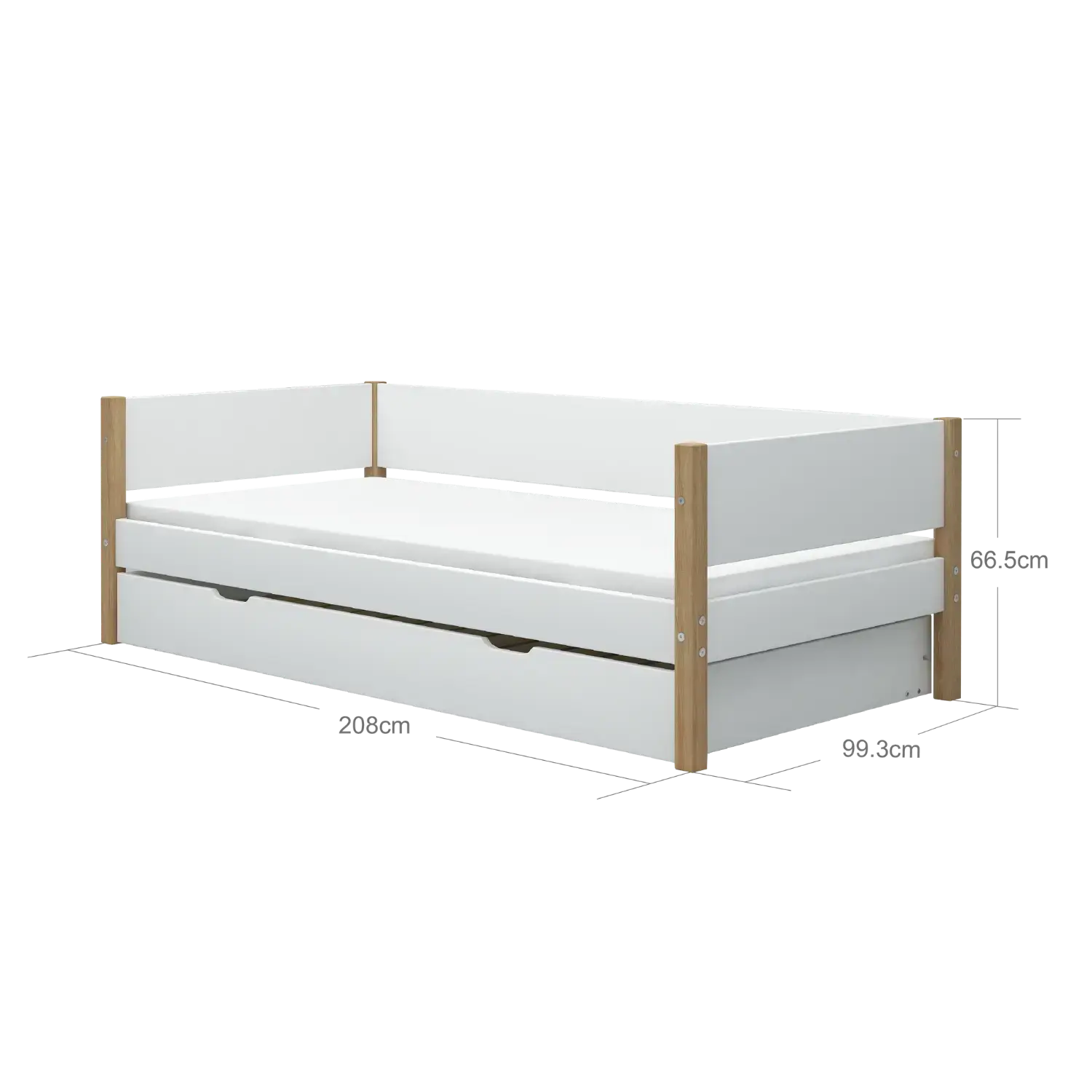 Lit simple avec lit gigogne, 90x200 cm, Blanc/Chêne