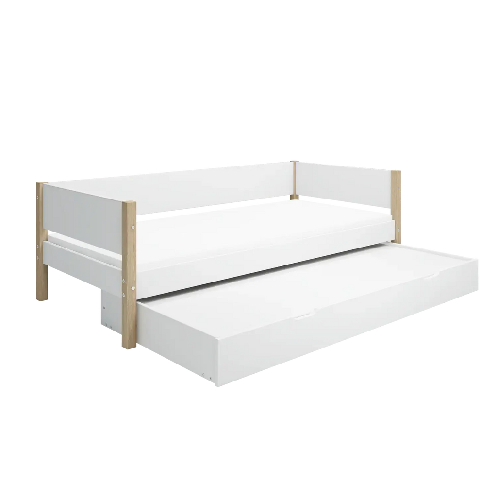 Lit simple avec lit gigogne, 90x200 cm, Blanc/Chêne