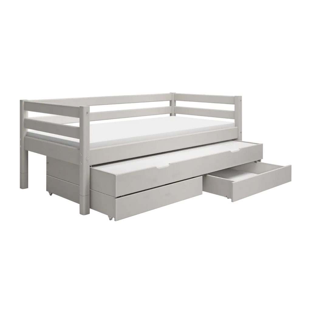 Lit simple avec lit gigogne, rangement et barrière de sécurité, 90x200 cm, Gris