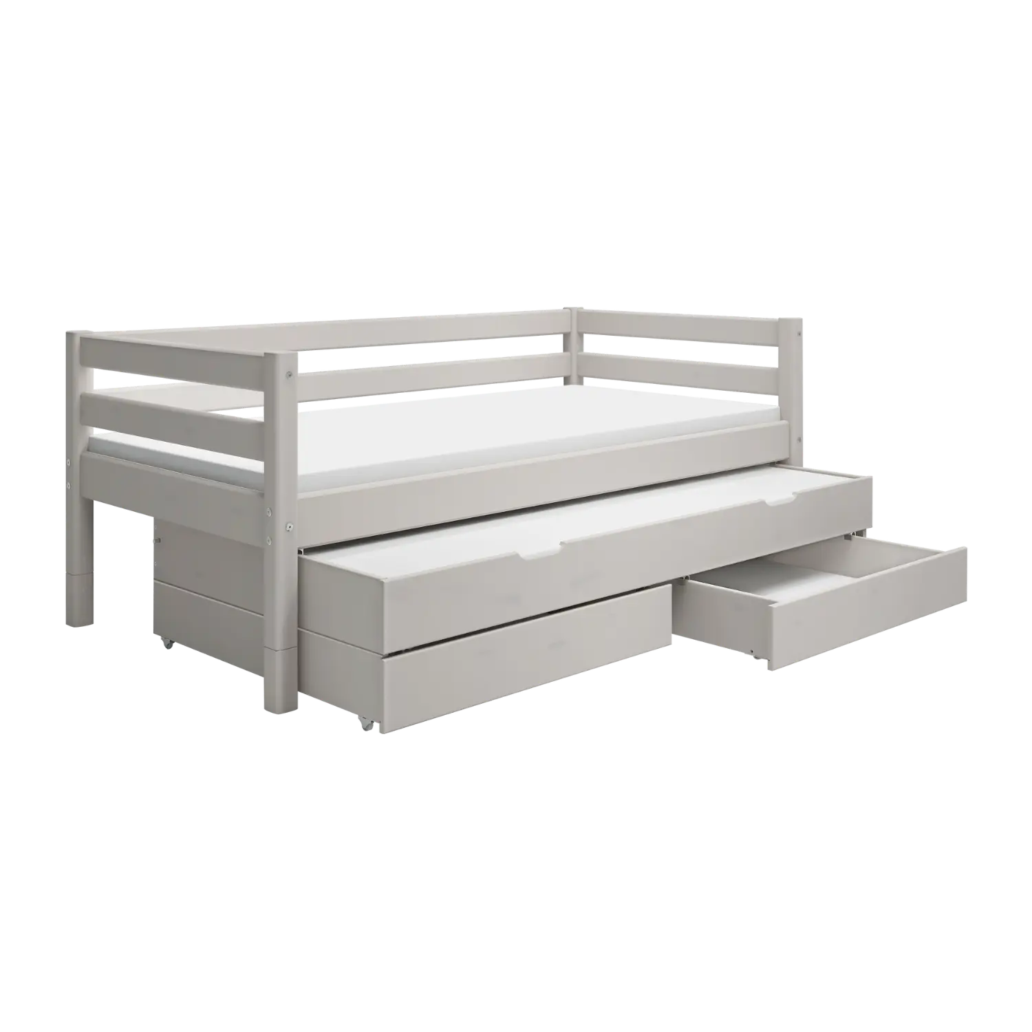 Lit simple avec lit gigogne, rangement et barrière de sécurité, 90x200 cm, Gris