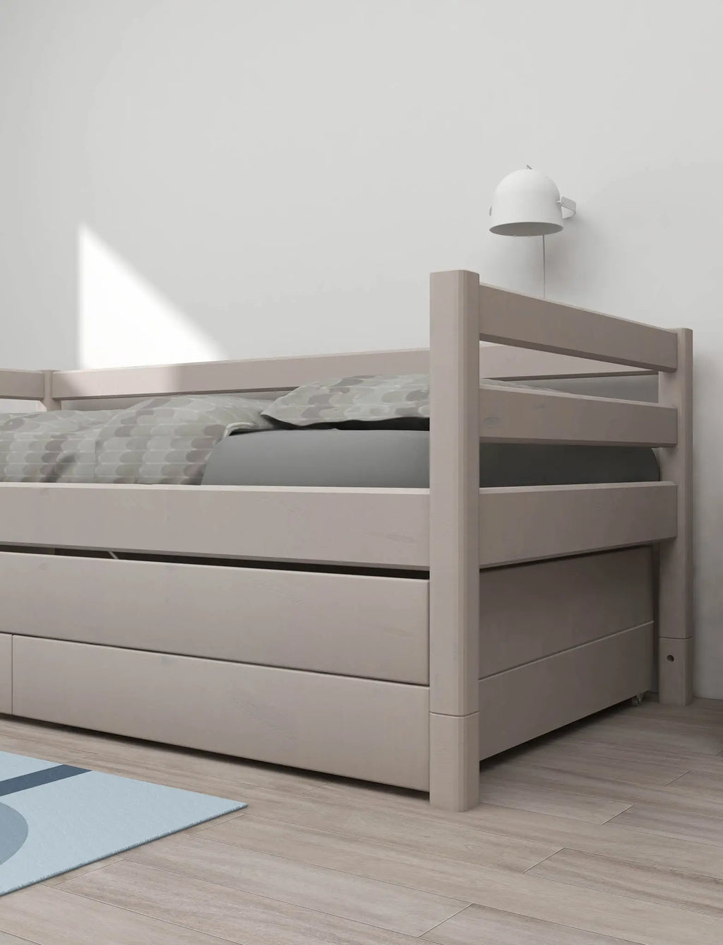 Lit simple avec lit gigogne, rangement et barrière de sécurité, 90x200 cm, Gris