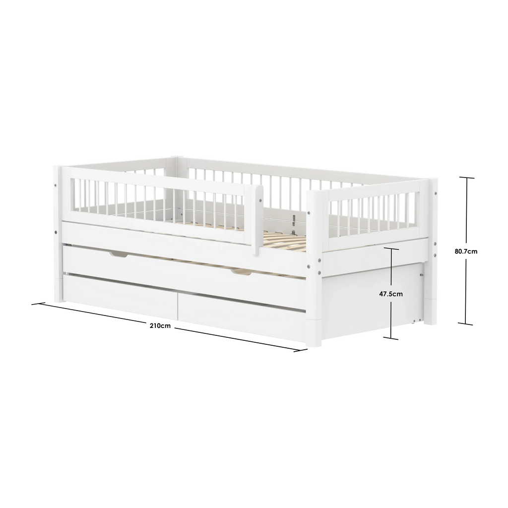 Lit simple avec lit gigogne, rangements et barres de sécurité, 90x200 cm, Blanc