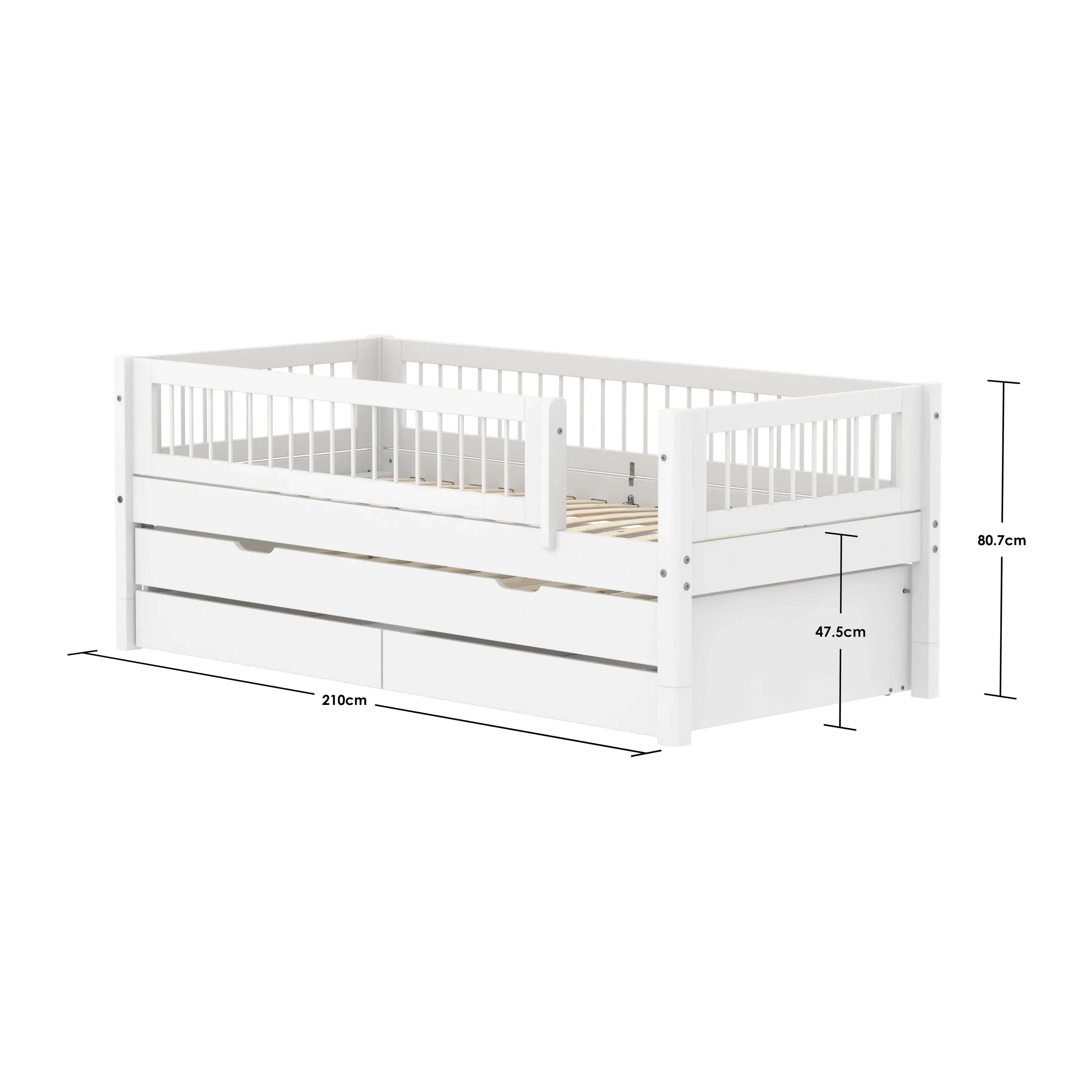 Lit simple avec lit gigogne, rangements et barres de sécurité, 90x200 cm, Blanc