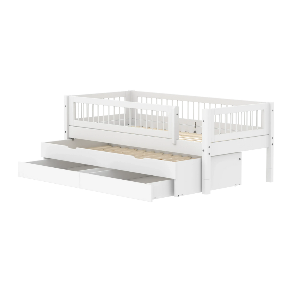 Lit simple avec lit gigogne, rangements et barres de sécurité, 90x200 cm, Blanc