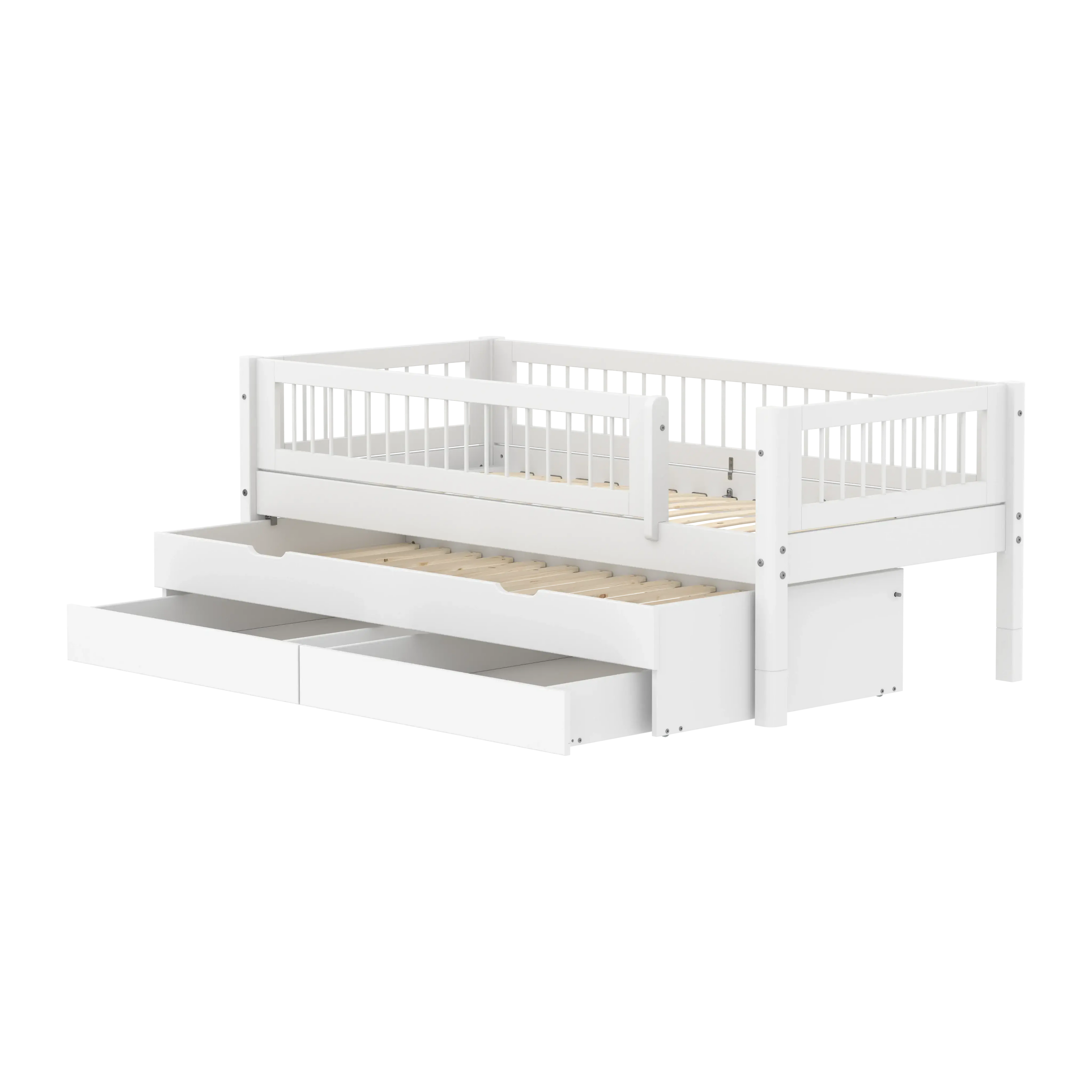 Lit simple avec lit gigogne, rangements et barres de sécurité, 90x200 cm, Blanc