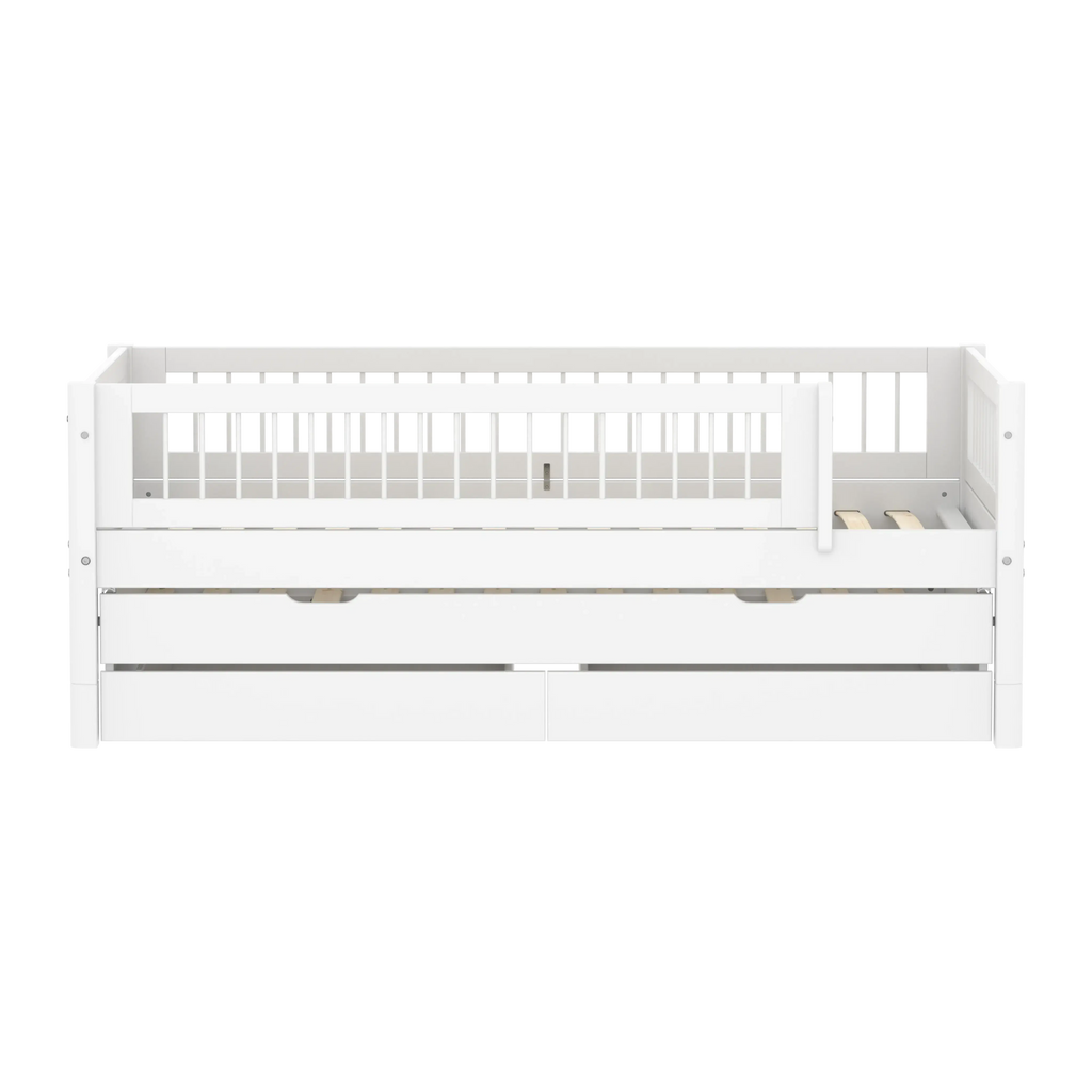 Lit simple avec lit gigogne, rangements et barres de sécurité, 90x200 cm, Blanc