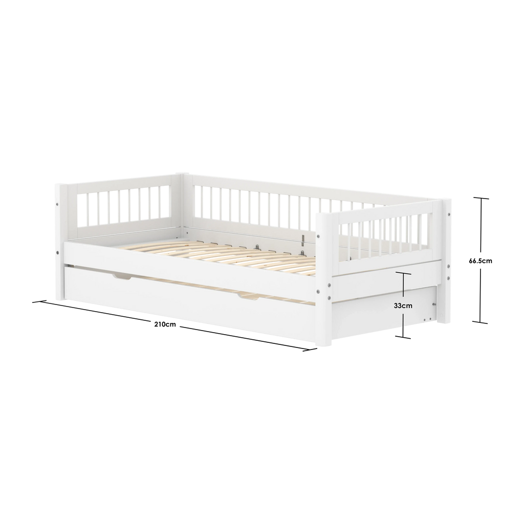 Lit simple avec lit gigogne et barreaux, 90x200 cm, Blanc