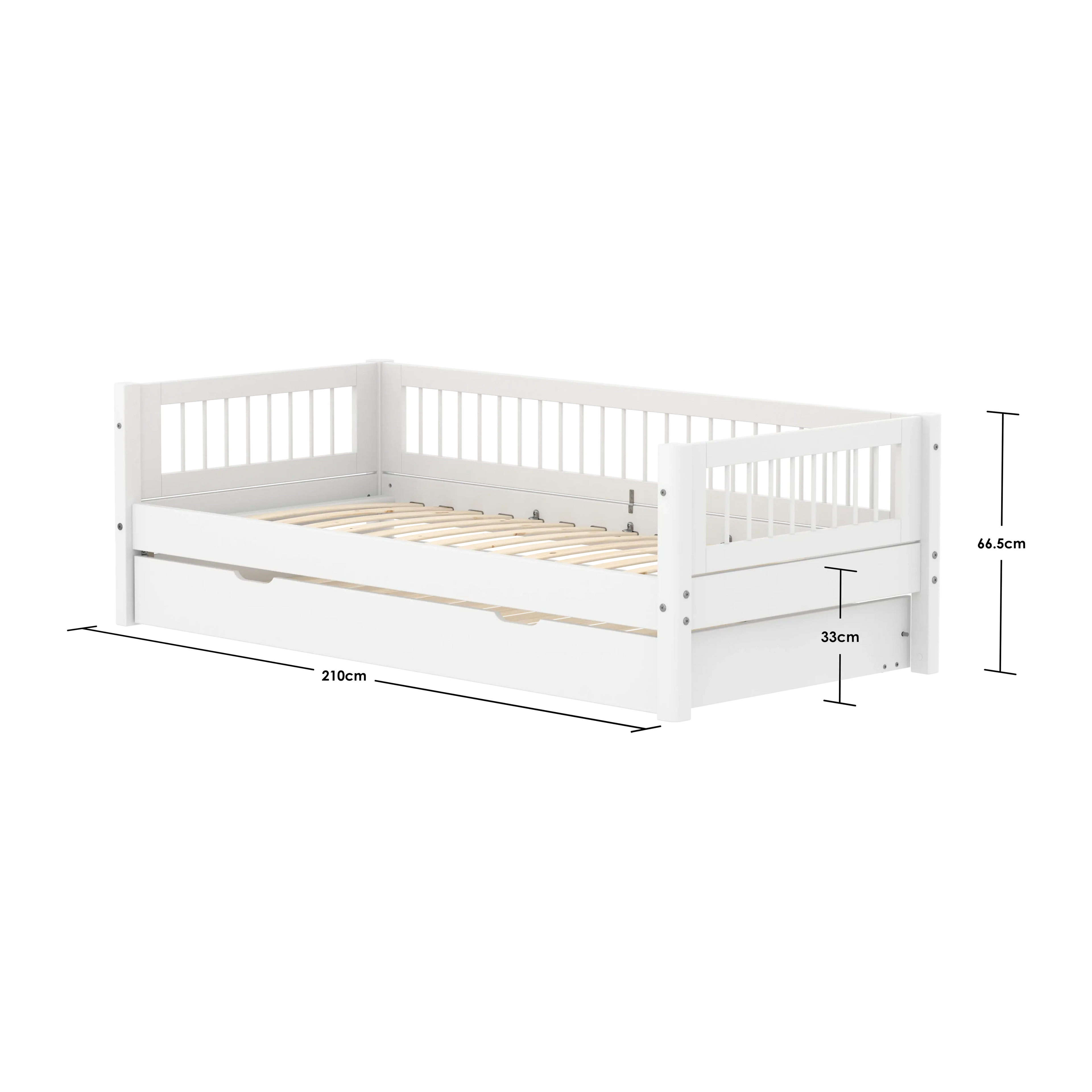 Lit simple avec lit gigogne et barreaux, 90x200 cm, Blanc