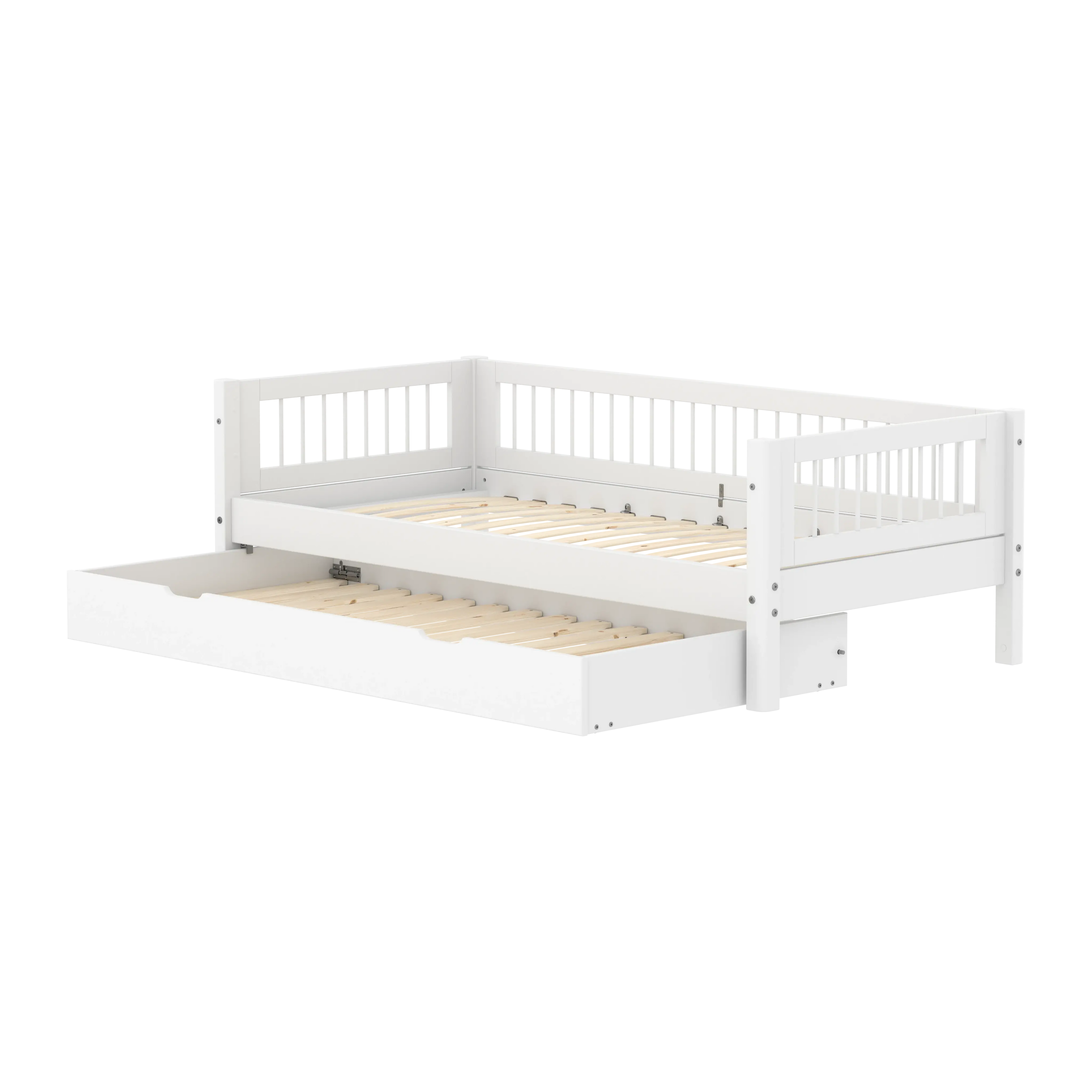 Lit simple avec lit gigogne et barreaux, 90x200 cm, Blanc