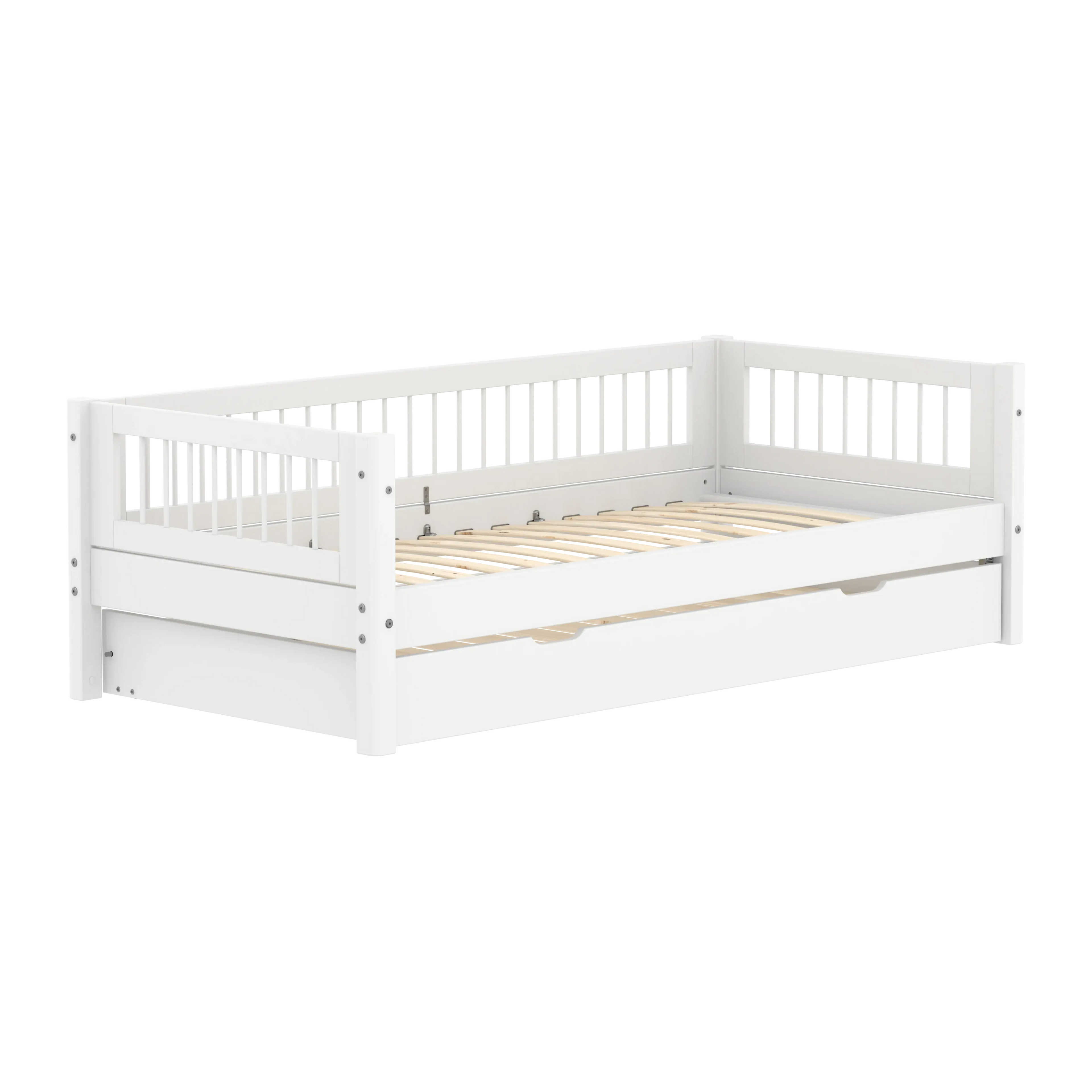 Lit simple avec lit gigogne et barreaux, 90x200 cm, Blanc