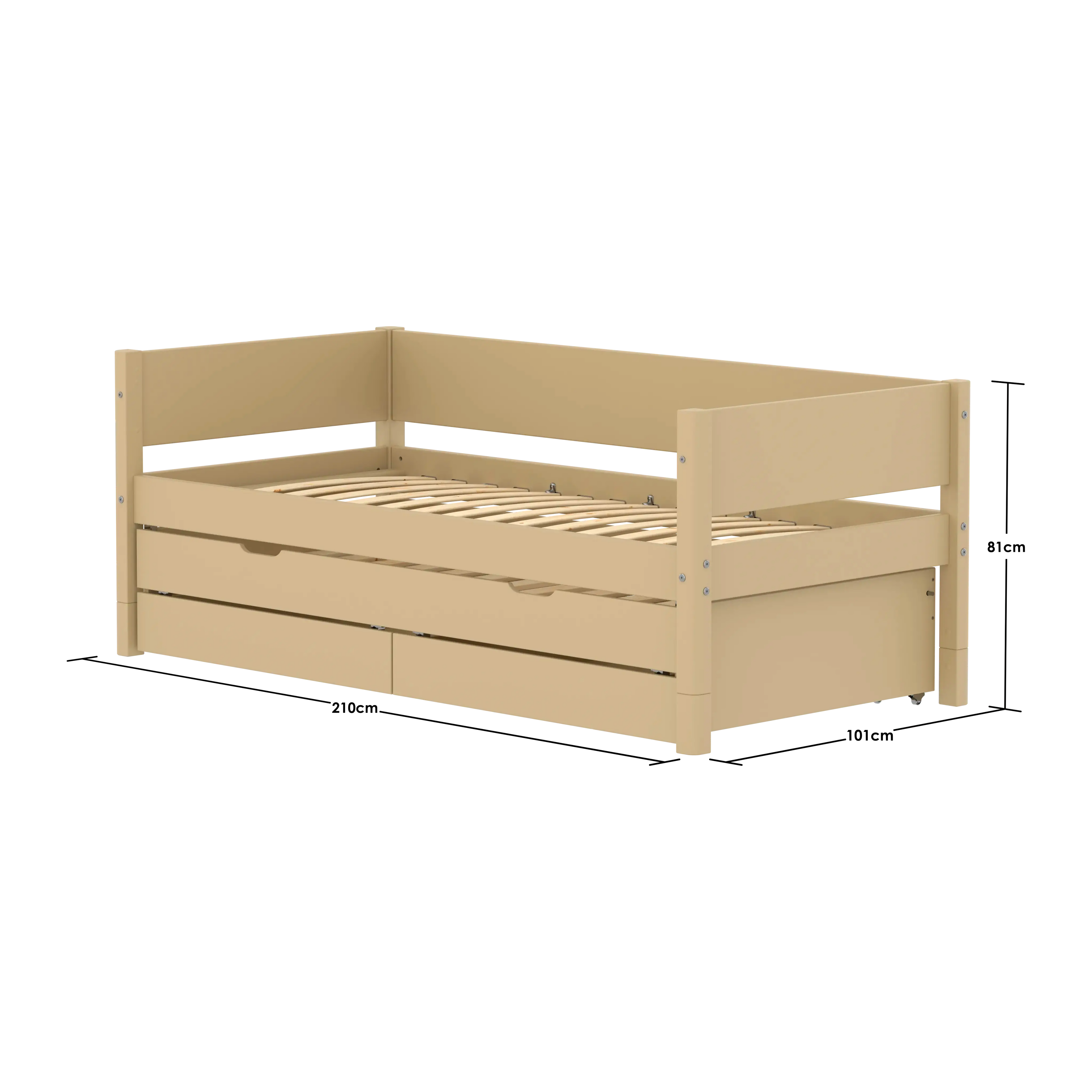 Lit simple avec lit gigogne et rangement, 90x200 cm, Sable