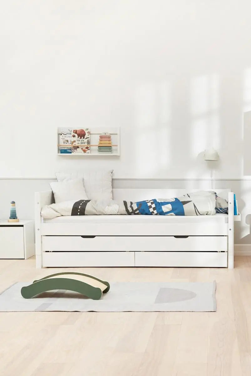 Lit simple avec lit gigogne et rangement, 90x200 cm, Blanc