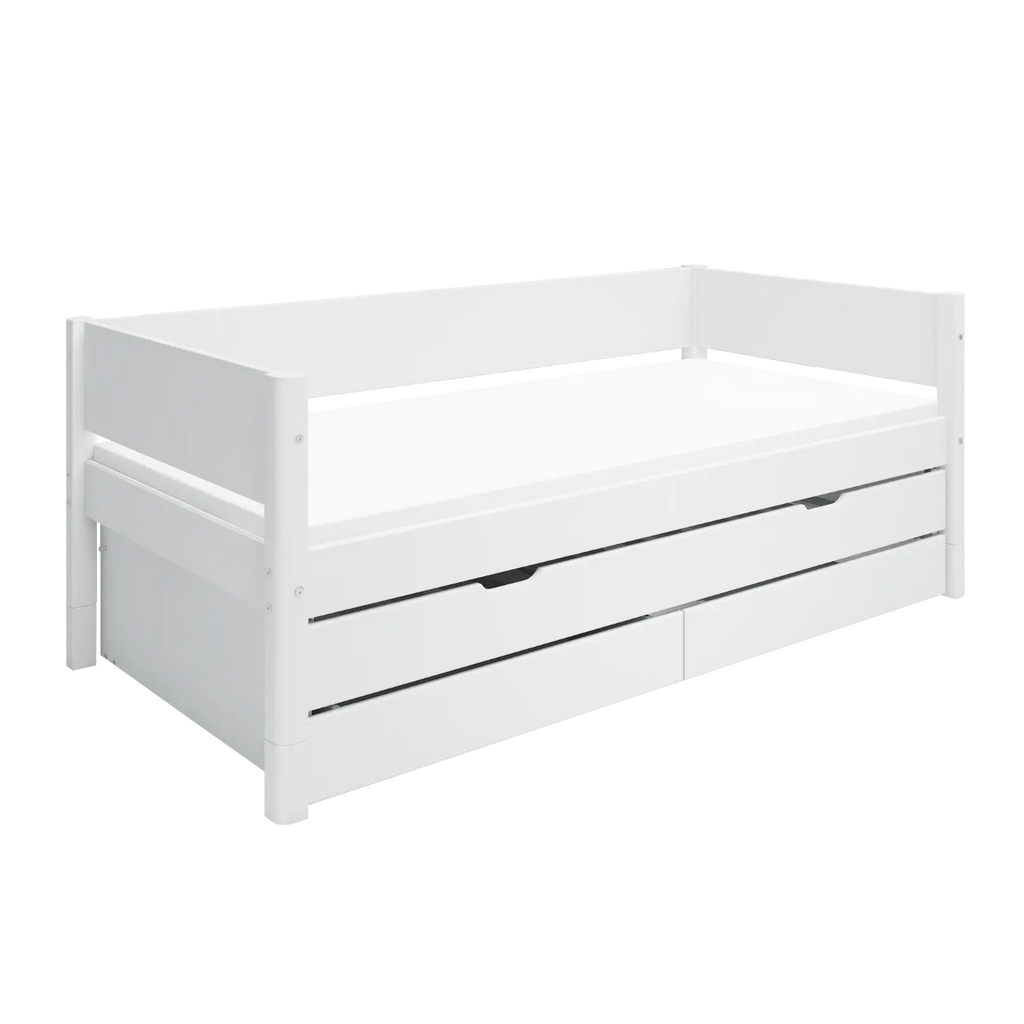 Lit simple avec lit gigogne et rangement, 90x200 cm, Blanc