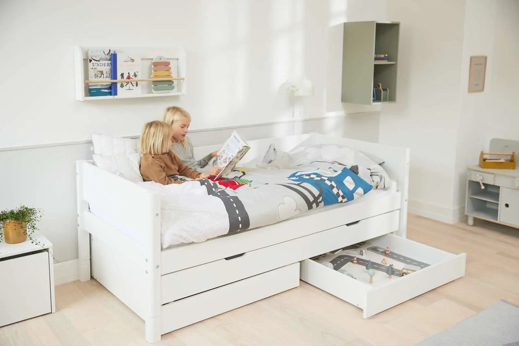 Lit simple avec lit gigogne et rangement, 90x200 cm, Blanc