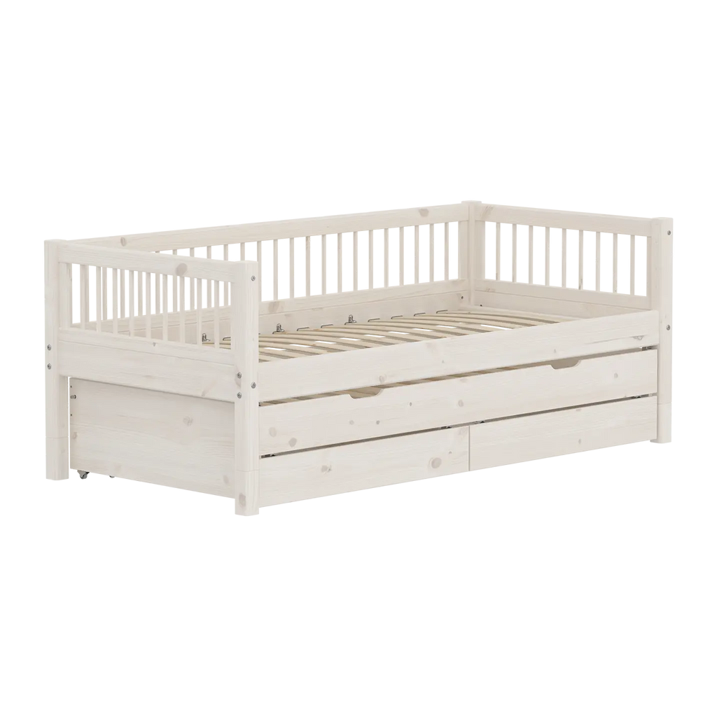 Lit simple avec lit gigogne et rangement, 90x200 cm, Blanc