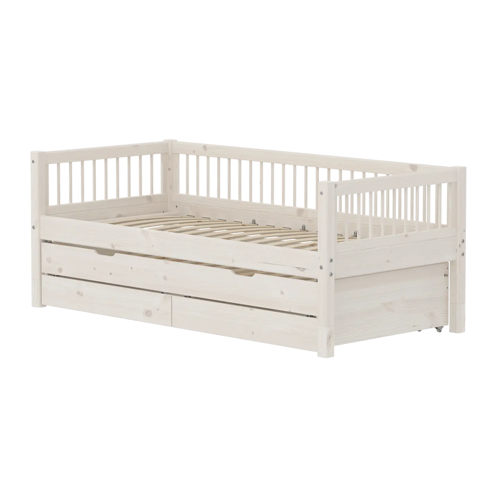 Lit simple avec lit gigogne et rangement, 90x200 cm, Blanc