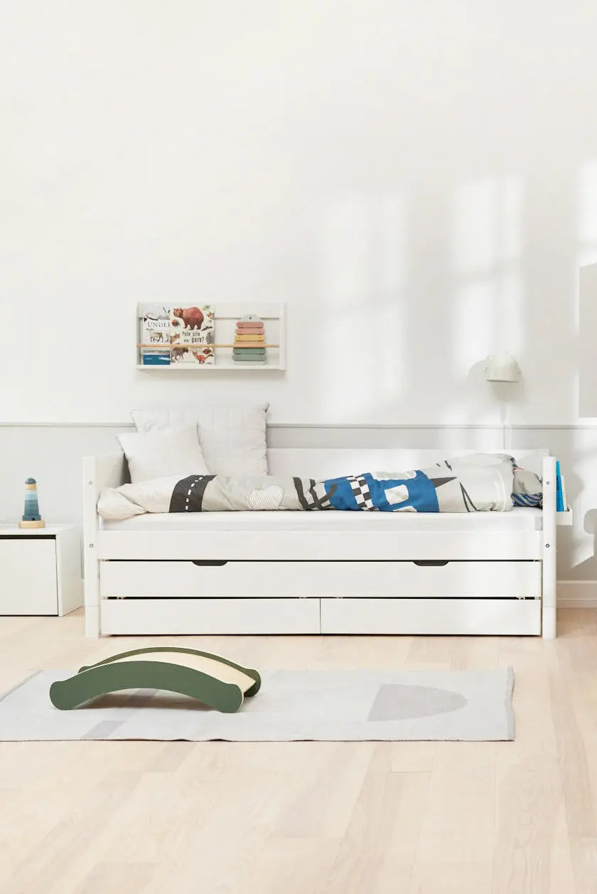 Lit simple avec lit gigogne et rangement, 90x200 cm, Blanc