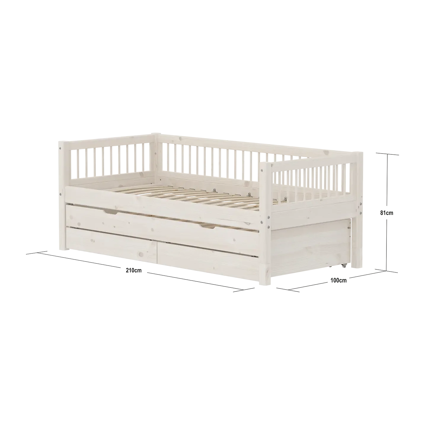 Lit simple avec lit gigogne et rangement, 90x200 cm, Blanc