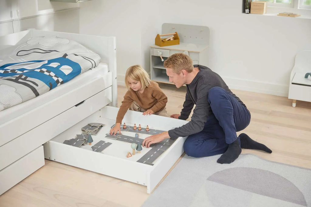 Lit simple avec lit gigogne et rangement, 90x200 cm, Blanc