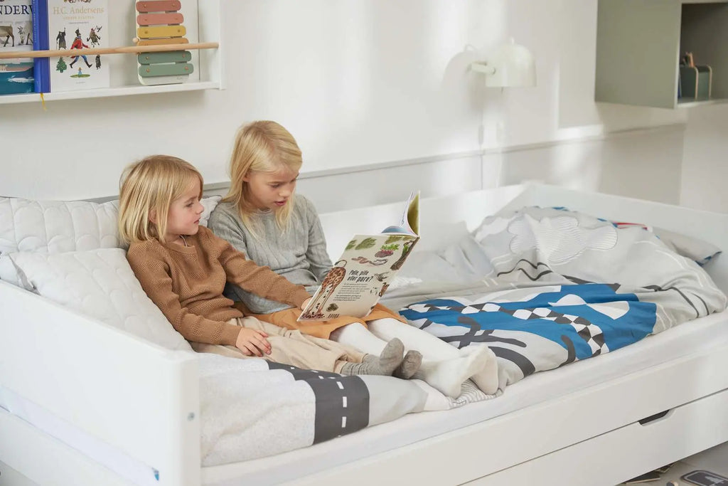 Lit simple avec lit gigogne et rangement, 90x200 cm, Blanc