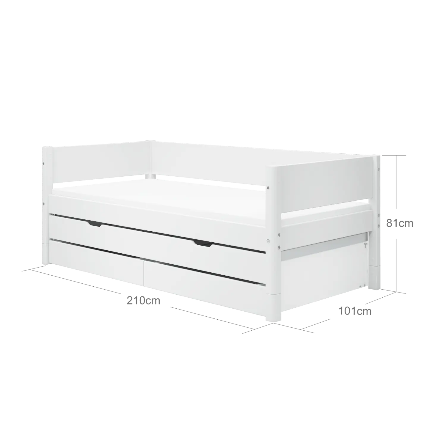 Lit simple avec lit gigogne et rangement, 90x200 cm, Blanc