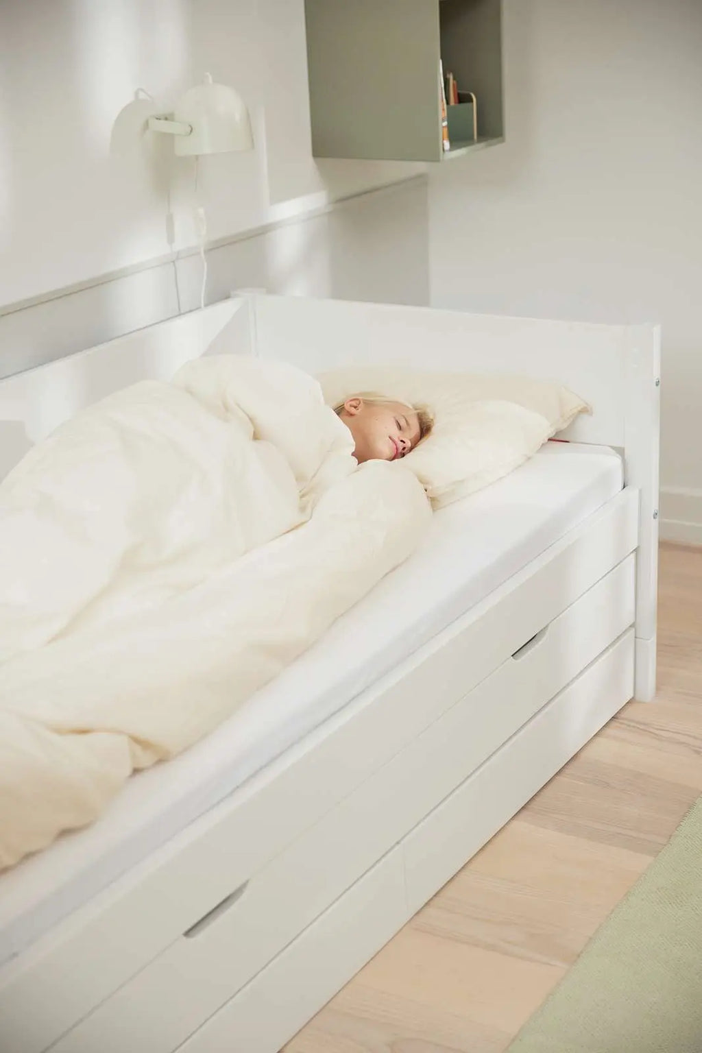 Lit simple avec lit gigogne et rangement, 90x200 cm, Blanc