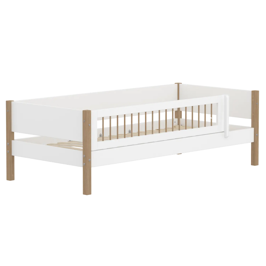 Lit simple avec barrière de sécurité, 90x200 cm, Blanc/Chêne