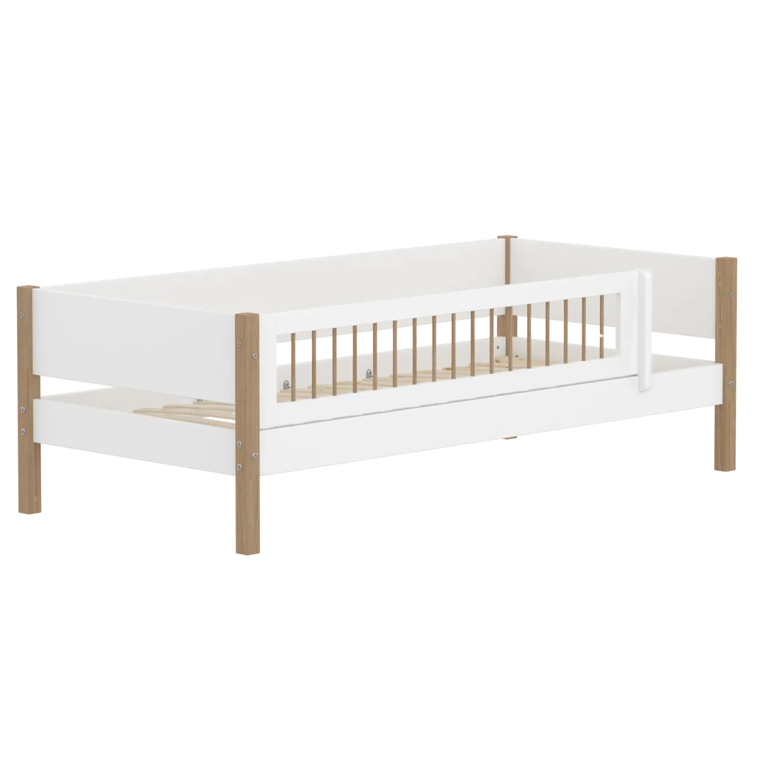 Lit simple avec barrière de sécurité, 90x200 cm, Blanc/Chêne