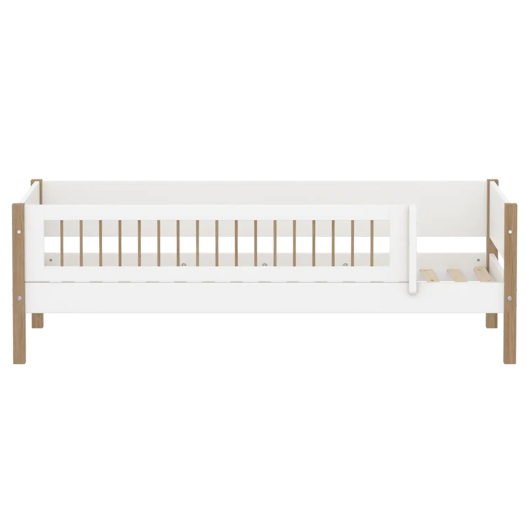 Lit simple avec barrière de sécurité, 90x200 cm, Blanc/Chêne