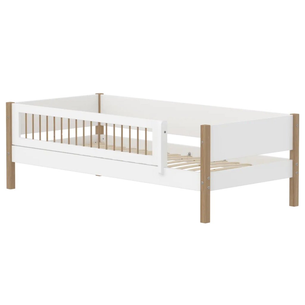 Lit simple avec barrière de sécurité, 90x200 cm, Blanc/Chêne