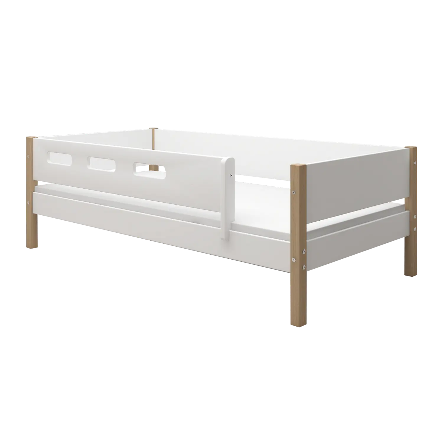 Lit simple avec barrière de sécurité, 90x200 cm, Blanc/Chêne