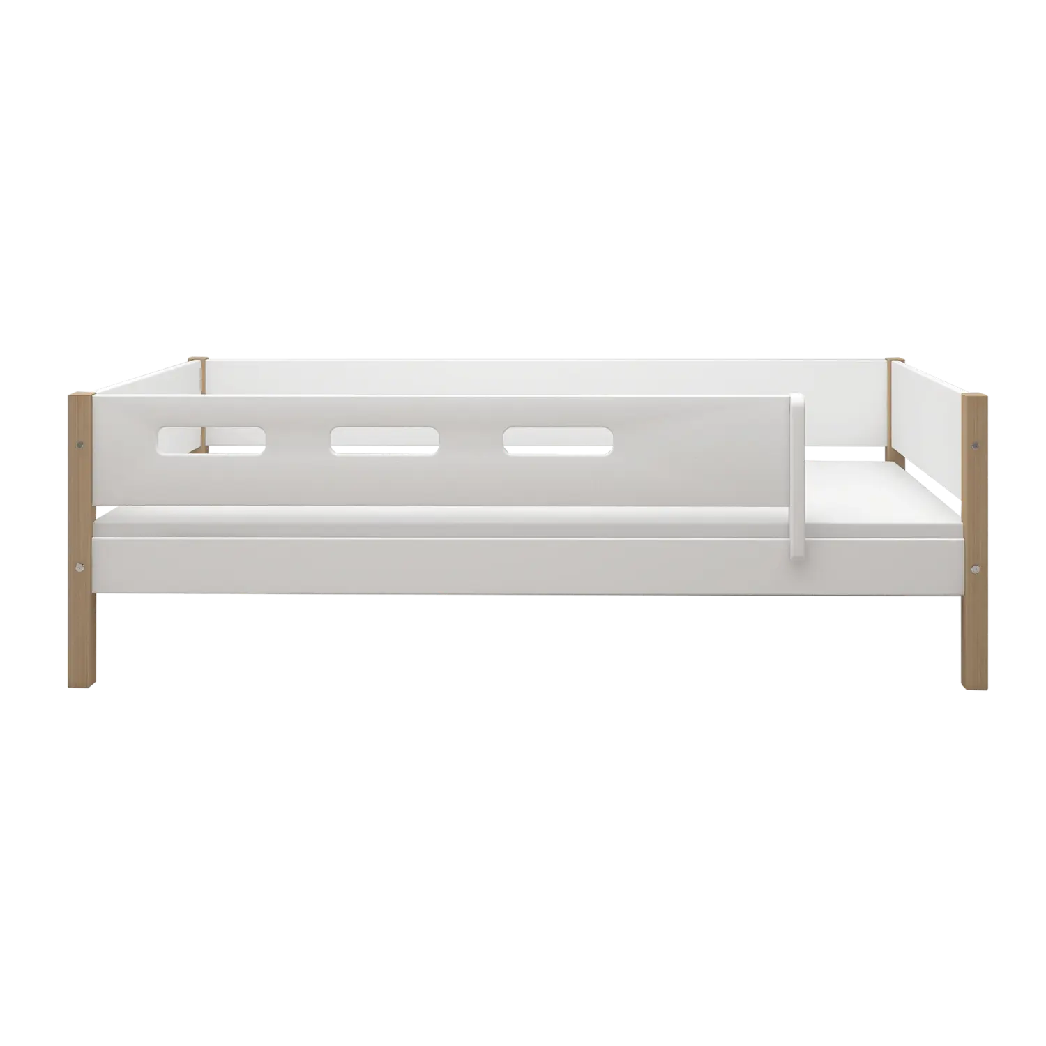 Lit simple avec barrière de sécurité, 90x200 cm, Blanc/Chêne
