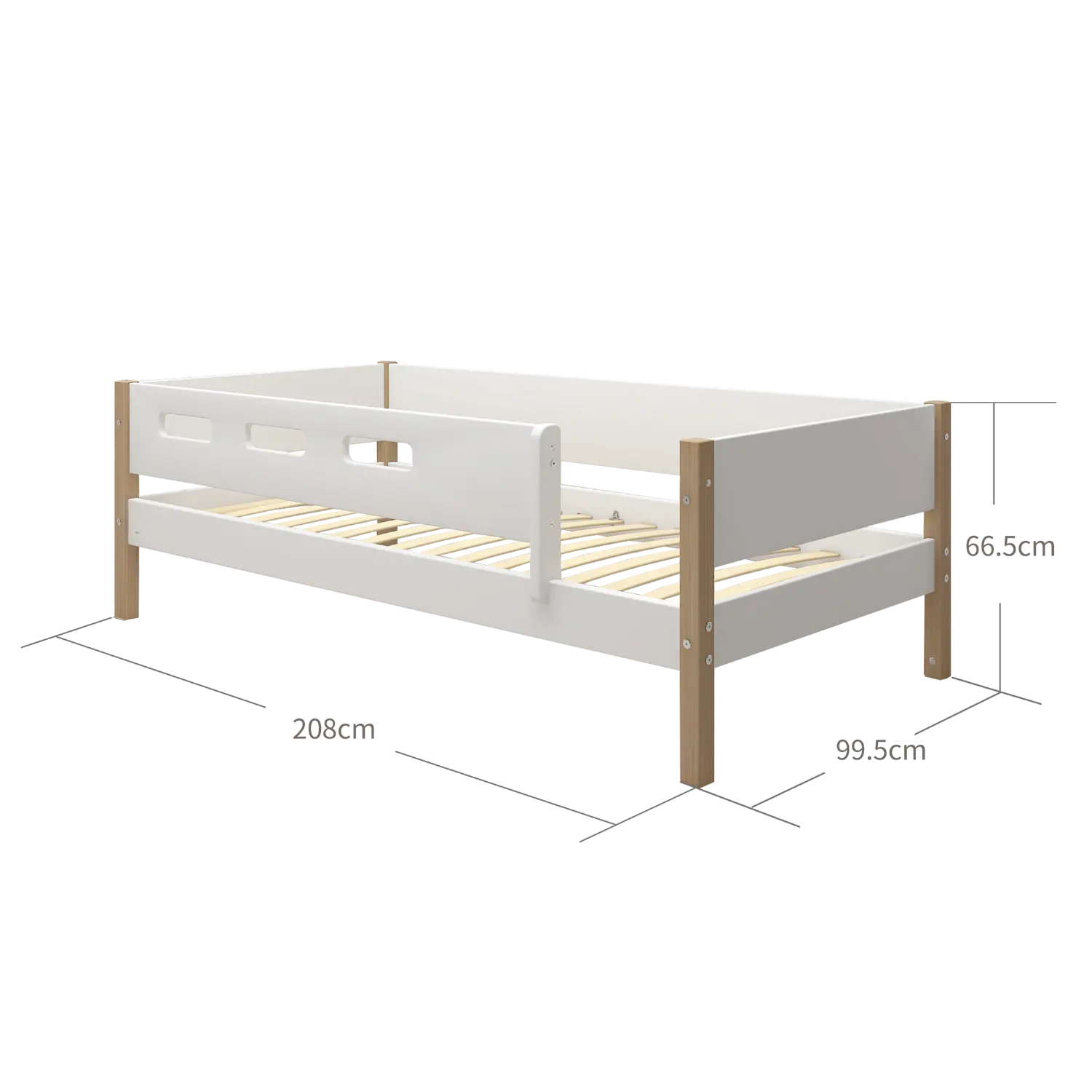Lit simple avec barrière de sécurité, 90x200 cm, Blanc/Chêne