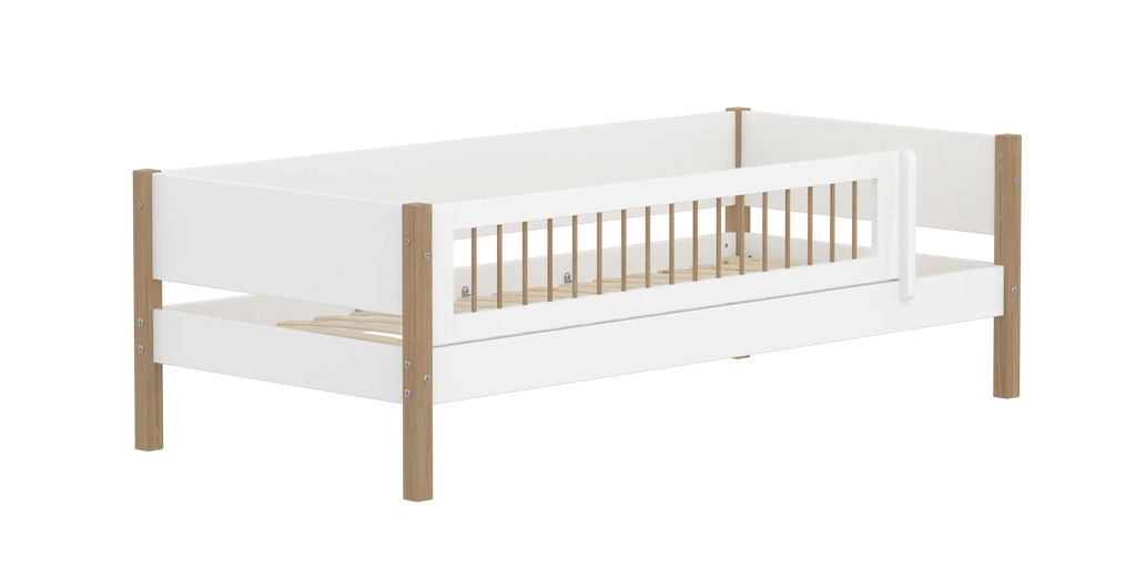 Lit simple avec barrière de sécurité, 90x200 cm, Blanc/Chêne