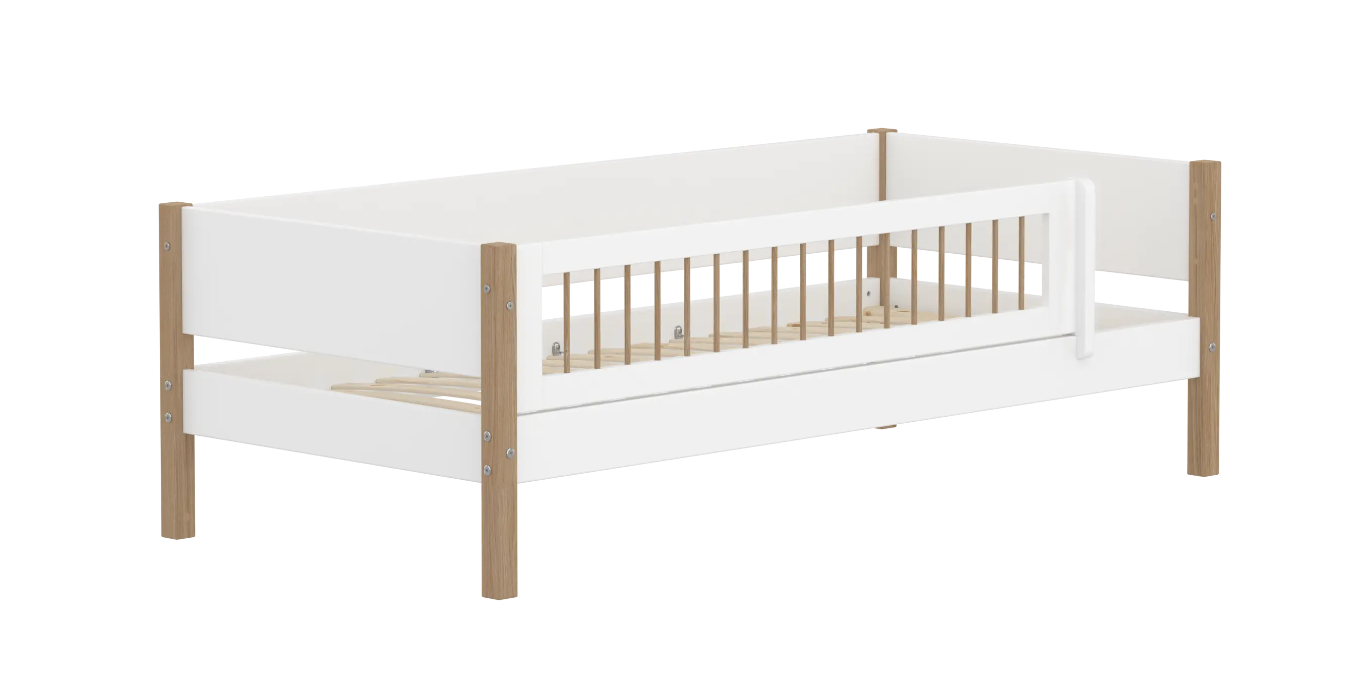 Lit simple avec barrière de sécurité, 90x200 cm, Blanc/Chêne