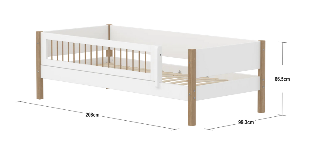 Lit simple avec barrière de sécurité, 90x200 cm, Blanc/Chêne