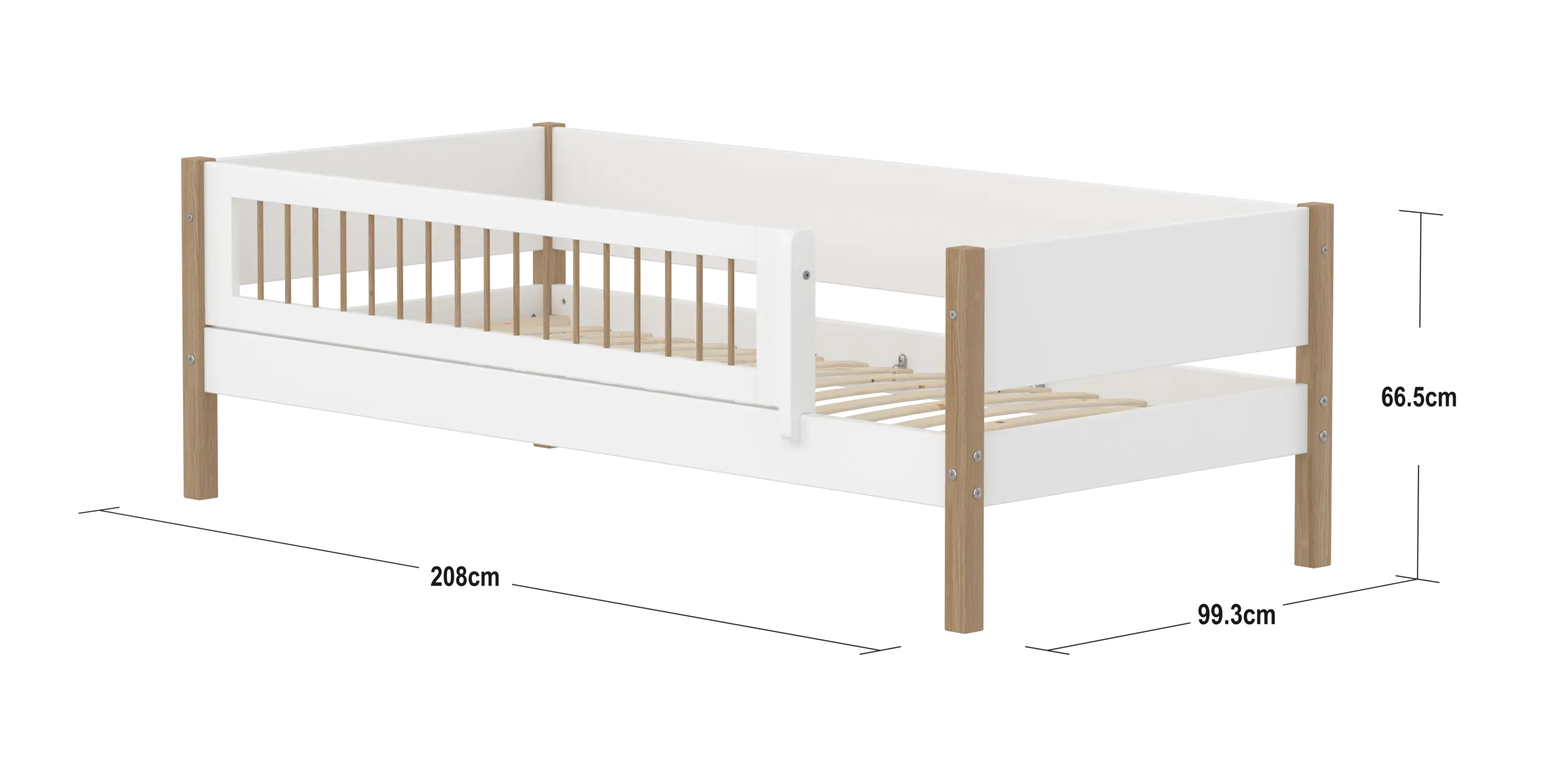 Lit simple avec barrière de sécurité, 90x200 cm, Blanc/Chêne