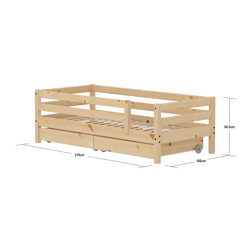 Lit simple avec barrière de sécurité et rangement, 90x200 cm, Pin