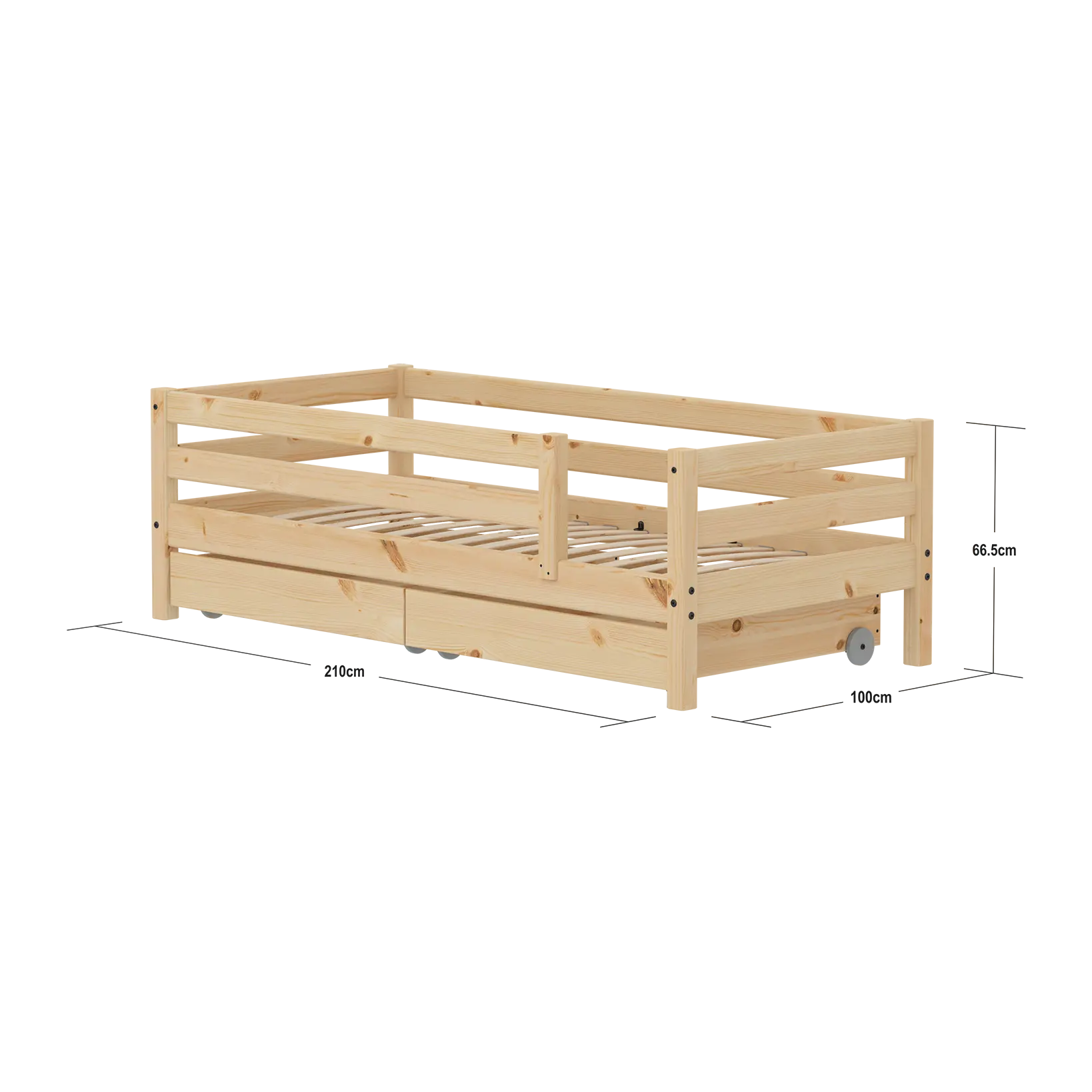 Lit simple avec barrière de sécurité et rangement, 90x200 cm, Pin