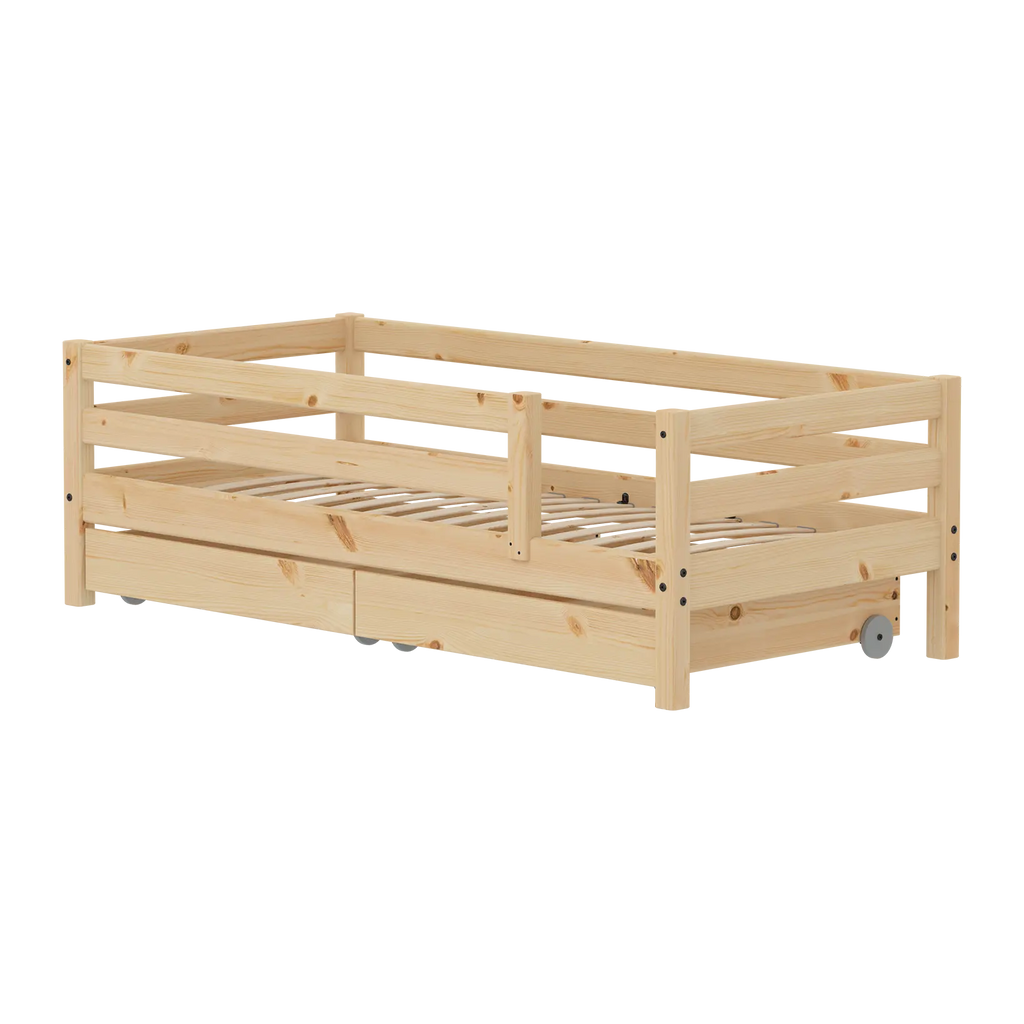 Lit simple avec barrière de sécurité et rangement, 90x200 cm, Pin